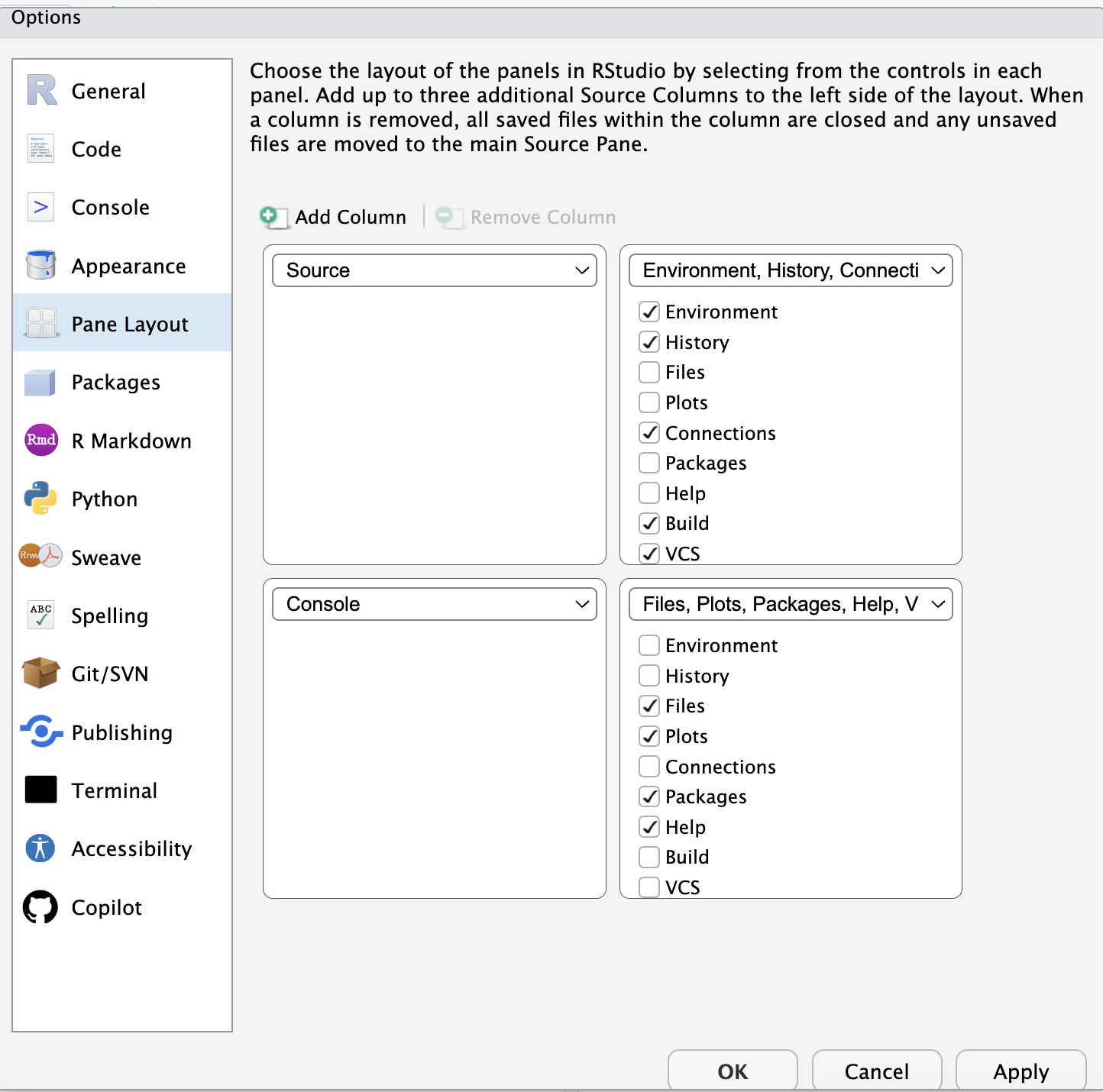 RStudio pane layout